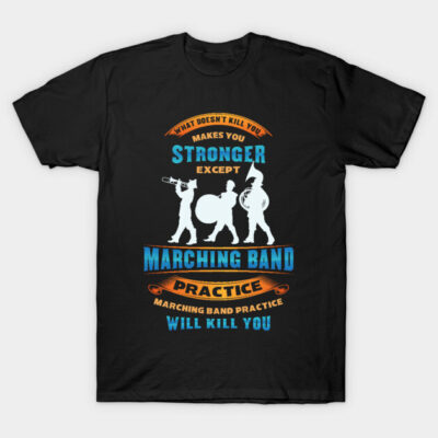 Black t-shirt with humorous marching band graphic and text, ideal for music enthusiasts, made from soft cotton.