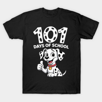 Black T-shirt with "101 Days of School" text and cartoon dalmatian design, casual wear, cotton material.