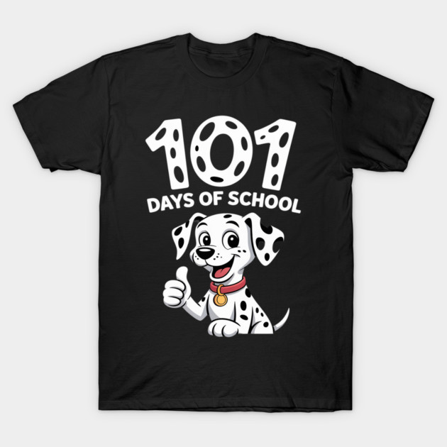 Black T-shirt with "101 Days of School" text and cartoon dalmatian design, casual wear, cotton material.