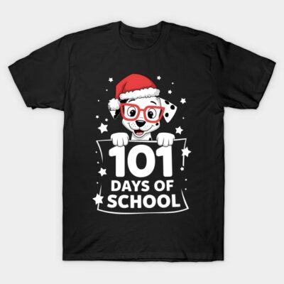 Black T-shirt with cute dog in Santa hat design, "101 Days of School" text, ideal for celebrating school milestones.