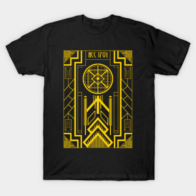 Black T-shirt with yellow geometric design, featuring "NCC 1701" text. Casual wear made of cotton for everyday use.