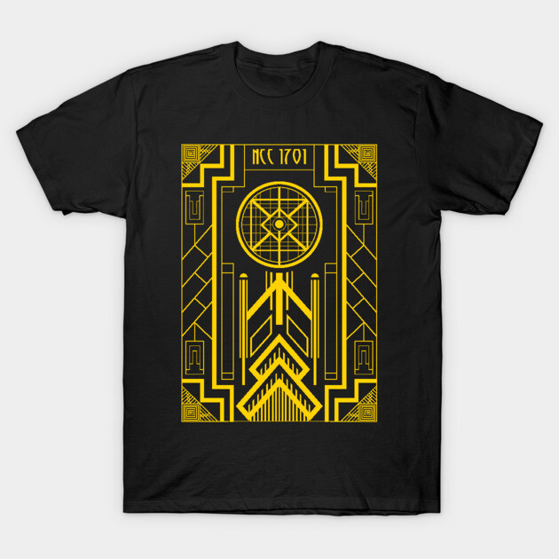 Black T-shirt with yellow geometric design, featuring "NCC 1701" text. Casual wear made of cotton for everyday use.