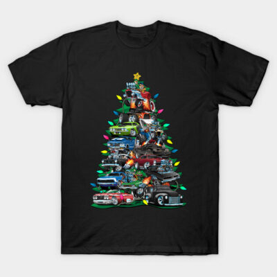 Black T-shirt with colorful classic car Christmas tree design, festive holiday style, cotton fabric, casual wear.