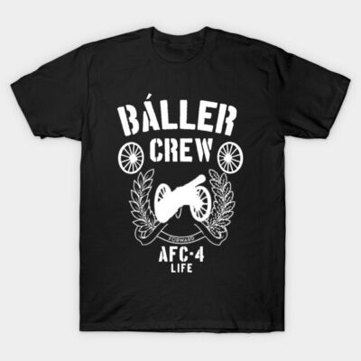Black "Baller Crew" T-shirt with white graphic design, featuring a cannon and text "AFC 4 Life," casual cotton style.