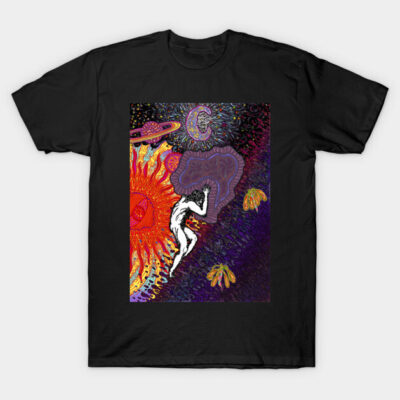 Black t-shirt with vibrant cosmic design, featuring colorful planets and abstract art, perfect for casual wear.