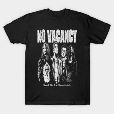 Black graphic tee with "No Vacancy" slogan, featuring monochrome band illustration, casual cotton material.