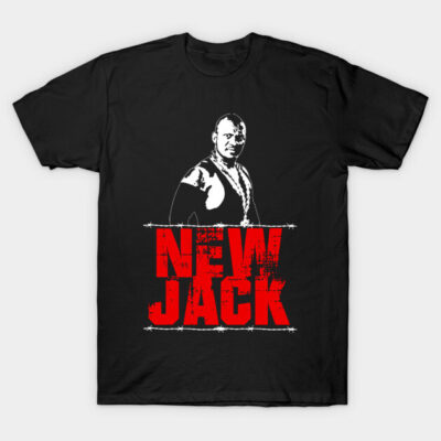 Black graphic t-shirt featuring bold red "New Jack" text and monochrome design, perfect for casual wear.