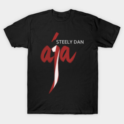 Black t-shirt with "Aja" album design, red and white text, casual wear, soft cotton fabric.