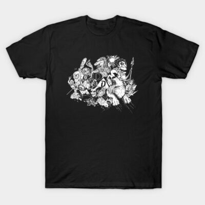 Black graphic T-shirt with fantasy-themed white illustration, perfect for casual wear. Cotton material, unisex style.