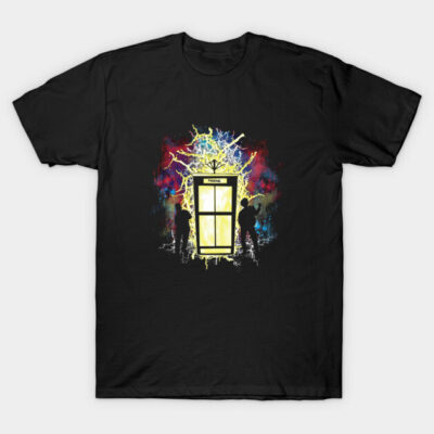 Black graphic t-shirt with colorful, artistic phone booth design, ideal for casual wear.