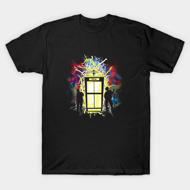Black graphic t-shirt with colorful, artistic phone booth design, ideal for casual wear.