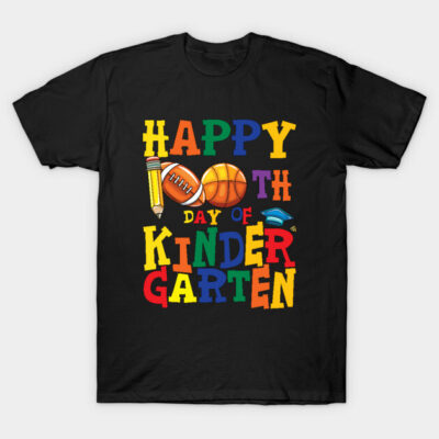Black T-shirt with colorful "100th Day of Kindergarten" graphic, featuring school-themed icons, perfect for celebrations.