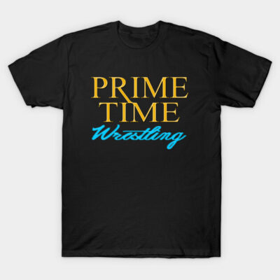 Black t-shirt with "Prime Time Wrestling" graphic in yellow and blue text, casual style, cotton fabric.