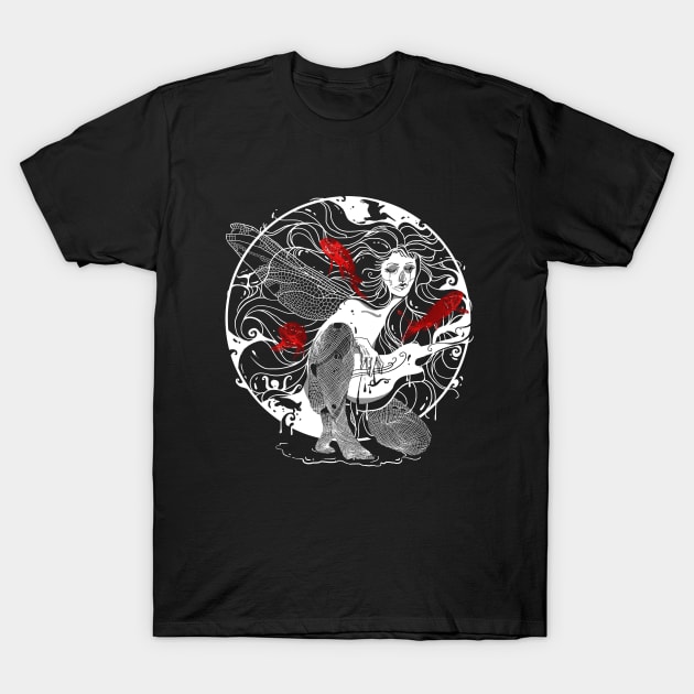 Black T-shirt with intricate mermaid and fish design, featuring white and red accents; perfect for casual wear.