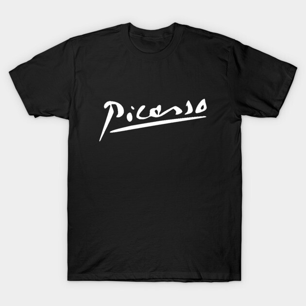 Picasso T-Shirt 1 Black cotton t-shirt with white artistic text design, casual wear, unisex style, comfortable and stylish for everyday use.