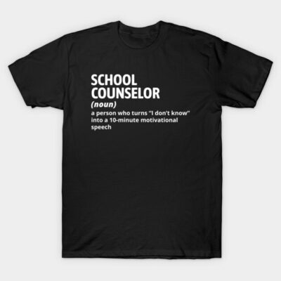 Black t-shirt with "School Counselor" text, humorous definition, casual style, perfect for educators or gift idea.