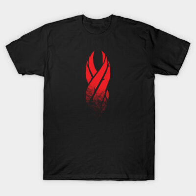 Black T-shirt with red abstract flame design, casual style, cotton material, suitable for everyday wear.