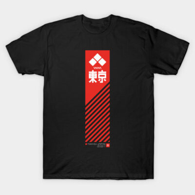 Black T-shirt with red Tokyo Japan graphic design, casual wear, cotton material, unisex style, short sleeves.