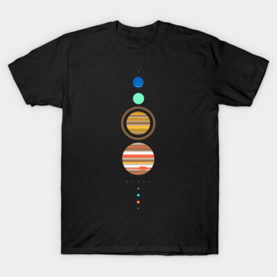 Black cotton t-shirt with solar system graphic, casual style, ideal for space enthusiasts, unisex design.