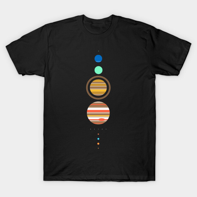 Black cotton t-shirt with solar system graphic, casual style, ideal for space enthusiasts, unisex design.