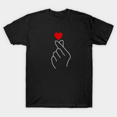 Black T-shirt with minimalist hand heart design, casual style, cotton material.