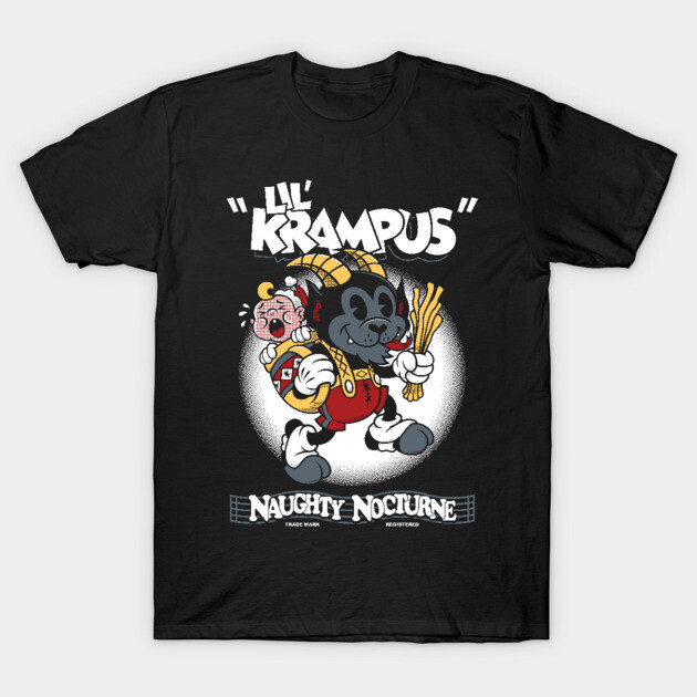Black "Lil' Krampus" graphic t-shirt, featuring whimsical holiday design, ideal for casual wear. Cotton material.