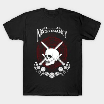 Black necromancy-themed t-shirt with skull and sword design, featuring red and white details, perfect for casual wear.
