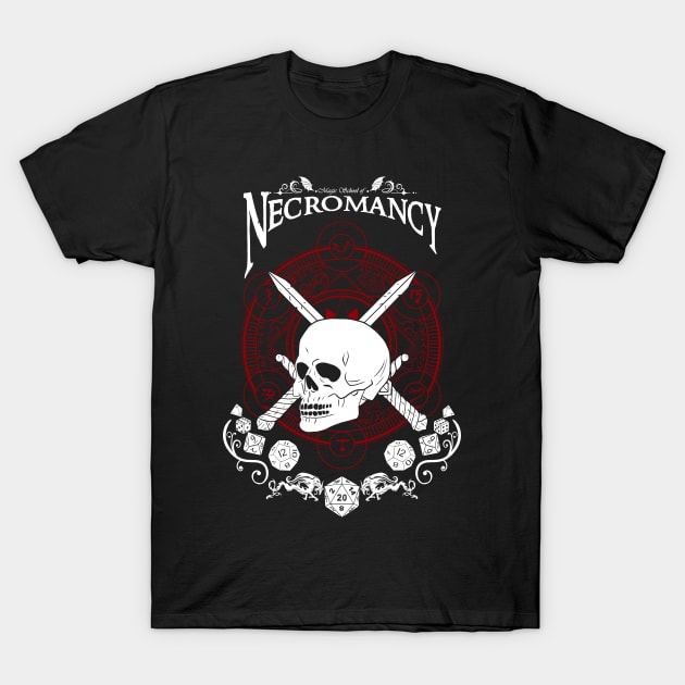 Black necromancy-themed t-shirt with skull and sword design, featuring red and white details, perfect for casual wear.