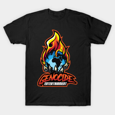 Black graphic t-shirt with colorful flame and earth design, bold text, casual style, 100% cotton.