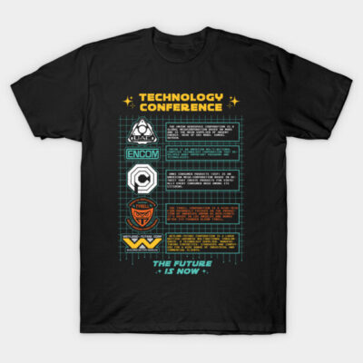 Black technology conference graphic tee, featuring colorful logos and text, casual style, soft cotton fabric.