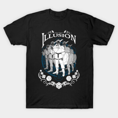 Black short-sleeve t-shirt featuring fantasy-themed "Illusion" graphic design, ideal for casual wear or fans of gaming.