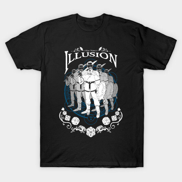 Black short-sleeve t-shirt featuring fantasy-themed "Illusion" graphic design, ideal for casual wear or fans of gaming.