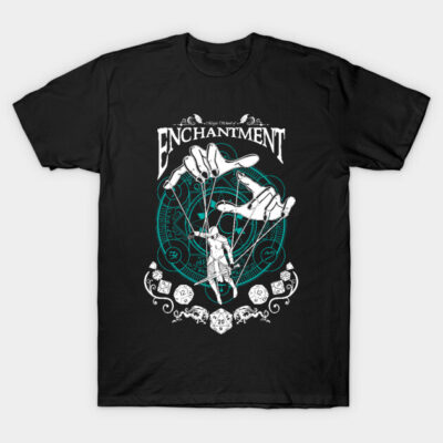 Black t-shirt with "Enchantment" graphic design featuring marionette puppet theme, ideal for casual wear.