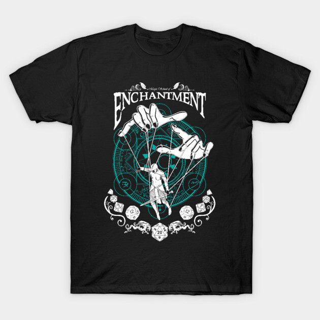 Black t-shirt with "Enchantment" graphic design featuring marionette puppet theme, ideal for casual wear.