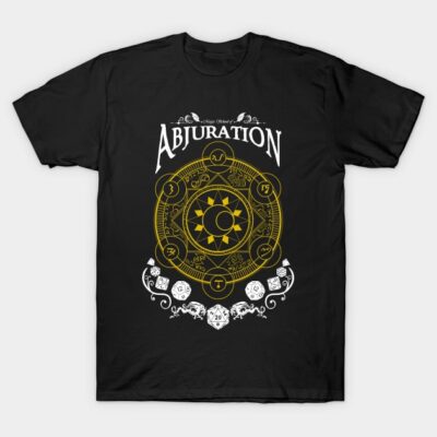 Black t-shirt with mystical yellow and white design, featuring "Abjuration" text, ideal for casual wear and fantasy fans.