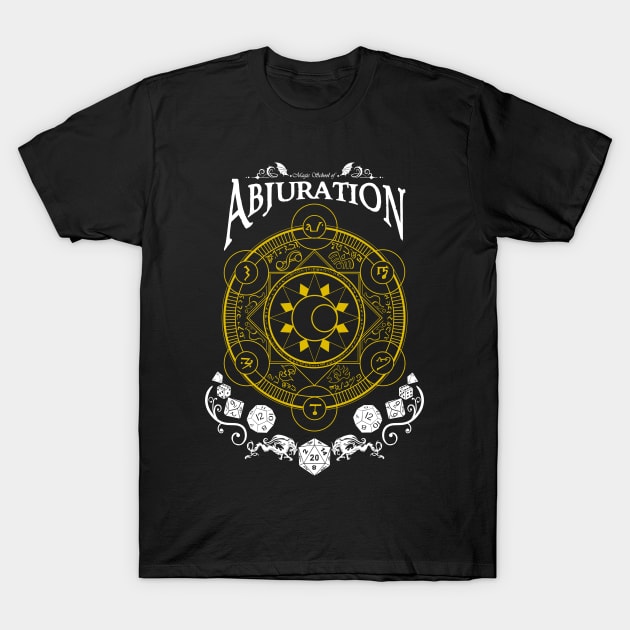 Black t-shirt with mystical yellow and white design, featuring "Abjuration" text, ideal for casual wear and fantasy fans.