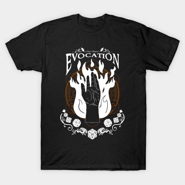 Black t-shirt with "Evocation" design, featuring a fiery hand graphic and intricate gaming symbols, cotton material.