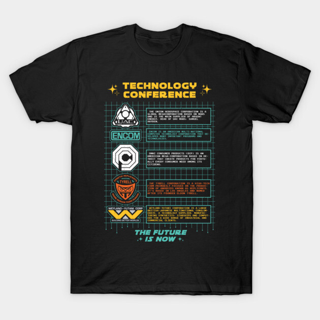 Black technology conference graphic tee, featuring colorful logos and text, casual style, soft cotton fabric.