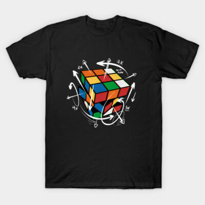 "Black T-shirt with colorful Rubik's Cube design, arrows, and text, casual style, cotton material."