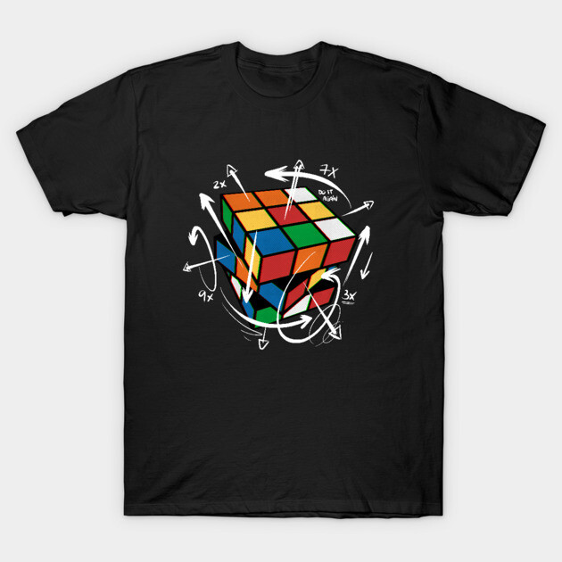 "Black T-shirt with colorful Rubik's Cube design, arrows, and text, casual style, cotton material."