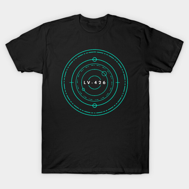 Black t-shirt with teal LV-426 circular design, casual style, made from cotton, ideal for everyday wear.