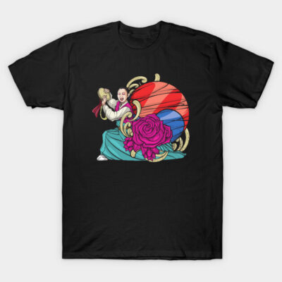 Black t-shirt with vibrant traditional Korean dance design featuring drum, rose, and colorful patterns.