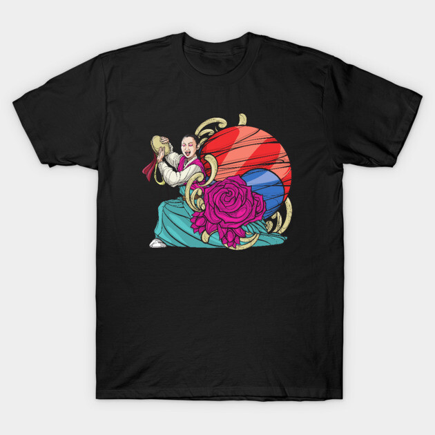 Black t-shirt with vibrant traditional Korean dance design featuring drum, rose, and colorful patterns.