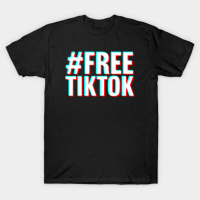Black graphic tee with bold "#FREE TIKTOK" text, casual style, cotton material, perfect for everyday wear.