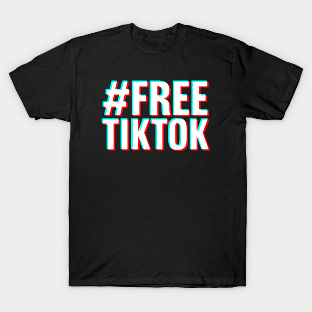 Black graphic tee with bold "#FREE TIKTOK" text, casual style, cotton material, perfect for everyday wear.