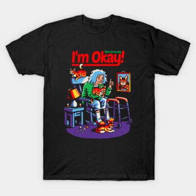 Black T-shirt featuring colorful "I'm Okay!" cat-themed graphic, casual wear, soft cotton, unisex style.