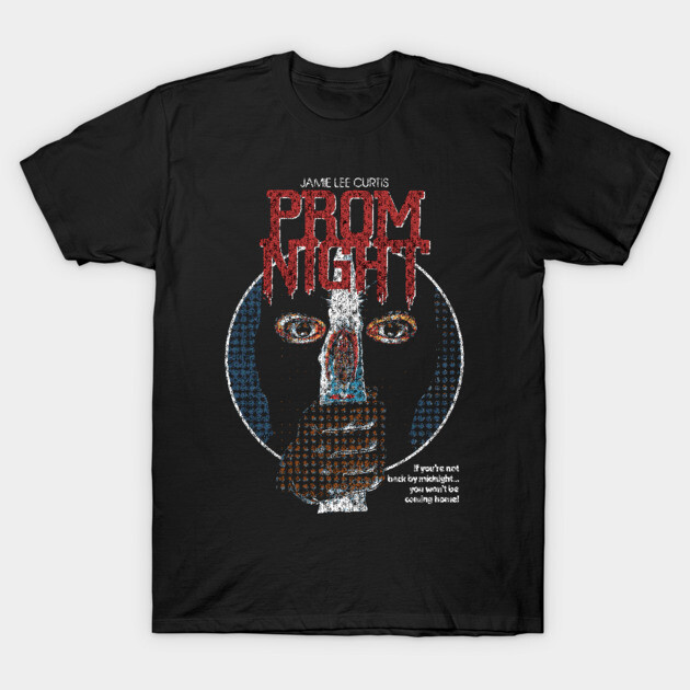 Black "Prom Night" graphic t-shirt, vintage horror movie design, cotton blend, casual wear, unisex style.