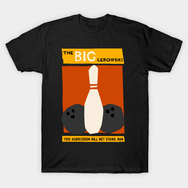 Black graphic t-shirt featuring bowling pin and balls design, inspired by classic movie theme, casual wear.