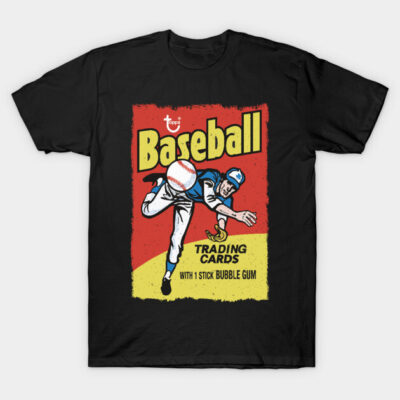 Black vintage baseball graphic T-shirt featuring classic trading card design, perfect for sports fans and casual wear.