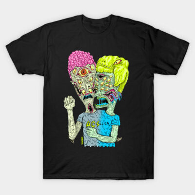 Black t-shirt featuring colorful abstract monster graphic design, perfect for casual wear or unique style statements.